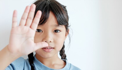 手を広げてカメラに向けて拒否を示す子供、室内の自然光とコピースペースのある高解像度イメージ
Child showing refusal with open hand toward camera, indoor natural light scene with copy space, high‑resolution image
