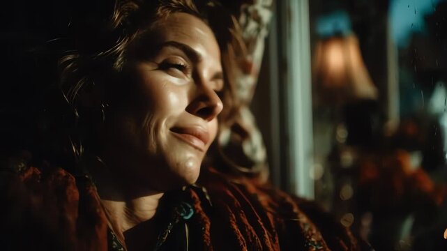 Pensive woman gazing through window in cozy evening light