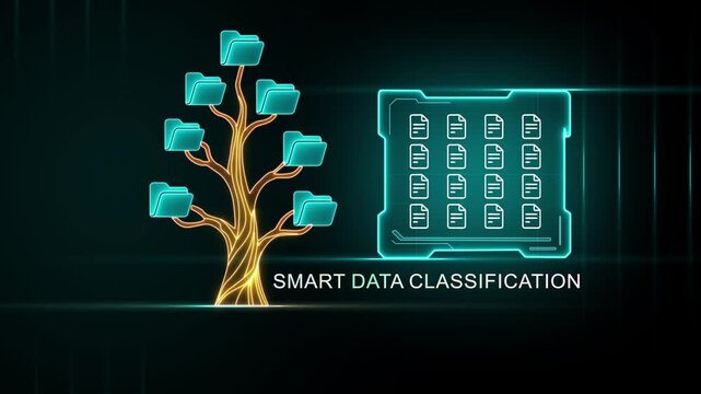 Digital tree with folders and data grid representing smart data classification data sorting data categorization