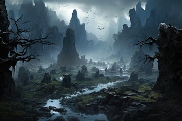 Obraz premium Misty fantasy wasteland with ancient gnarled trees, winding river, and flock of birds under a stormy sky