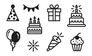 Outline and solid black birthday party icons set for celebration greeting card and web design isolated on white background