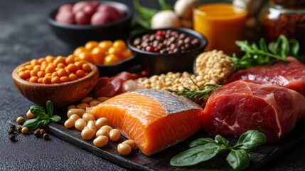 Fresh produce, rich in protein and vitamins, is harmoniously arranged on a dark surface, creating an appetising backdrop for food blogs or healthy eating advertisements.