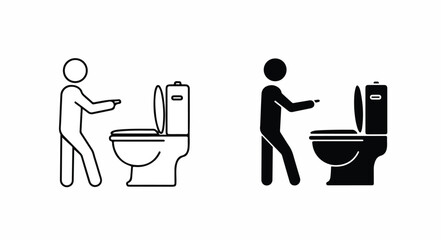 Two simple illustrations of people standing beside toilets in black and white, one outlined and one solid, against a clean white background.