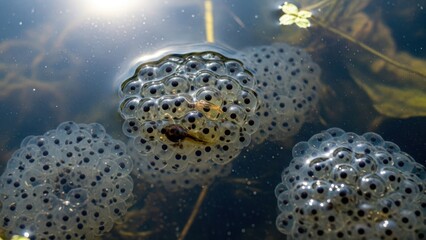 A cluster of frog eggs in a pond, with tadpoles developing, captured in close-up