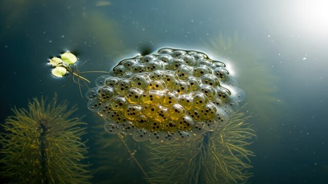 A cluster of transparent amphibian eggs floating in serene, sunlit water with submerged plants