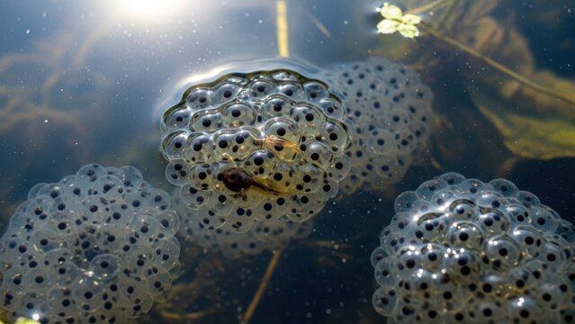 A cluster of frog eggs in a pond, with tadpoles developing, captured in close-up
