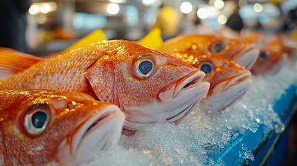Fresh fish on ice in the fish department will serve as a natural backdrop for culinary articles or seafood advertisements.