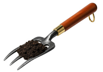 rugged dark forged steel hand fork with polished mahogany handle cradling rich moist soil, dramatically lit, isolated on a transparent cyclorama background. Concept of fertile growth and craftsmanship