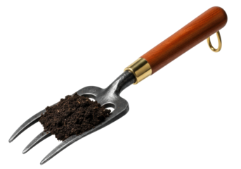 rugged dark forged steel hand fork with polished mahogany handle cradling rich moist soil, dramatically lit, isolated on a transparent cyclorama background. Concept of fertile growth and craftsmanship