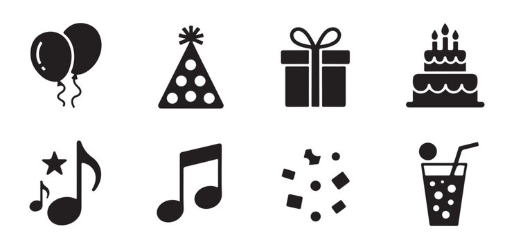 Set of black party icons including balloons, party hat, gift, birthday cake, music notes, confetti, and drink