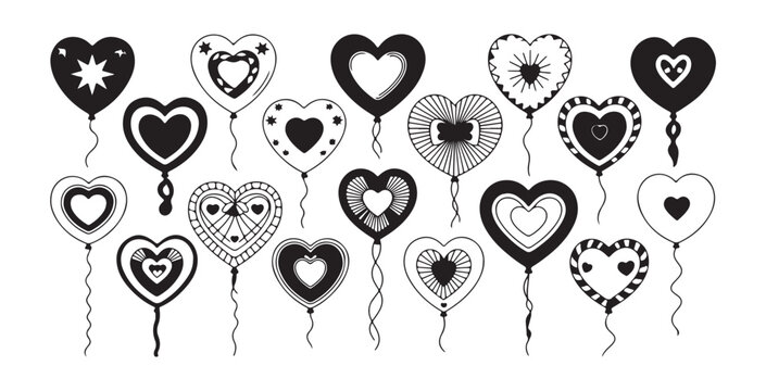 Valentine day heart balloons set outline style collection of different holiday air balls with love symbols