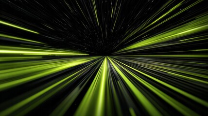 Obraz premium Streaks of neon green light zoom through a dark abstract tunnel.