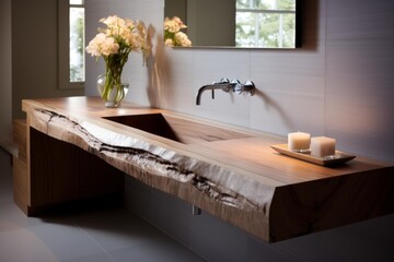 Contemporary bathroom interior presenting a natural wood wall mounted countertop and minimalist details