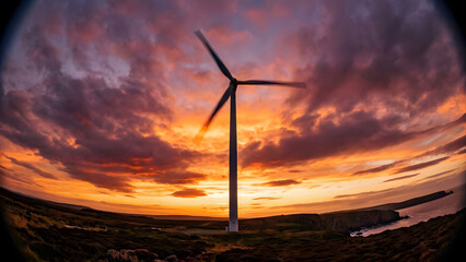 A wind turbine standing on a coastal landscape during a dramatic sunset, with vibrant orange and purple clouds over rolling hills and the sea, representing renewable energy, sustainability.