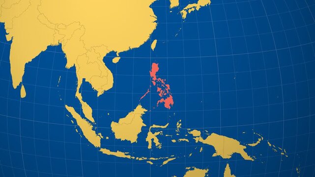 Philippines on Globe. Animated zoom into the country in Ocean Blue Golden Yellow color palette. Philippines logo animation. Map with meridians, parallels. Awesome video.