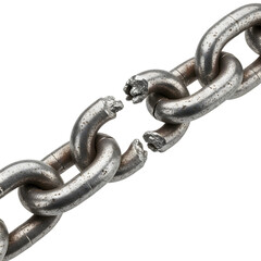 Obraz premium Broken Silver Metal Chain Link Isolated on White Background. Concept of Freedom, Weakness and Disconnection.