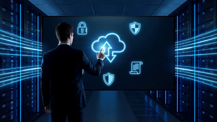Businessman Interacting with Cloud Data Security on Digital Screen