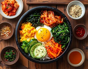Korean bibimbap bowl with vegetables and fried egg