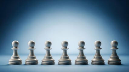 A line of white chess pawns standing in a row against a blue gradient backdrop