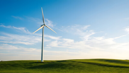 Single wind turbine standing on a green grassy field under a clear blue sky, symbolizing renewable energy, sustainability, and clean power generation in a rural landscape.