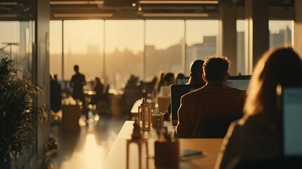 Adult professionals working late at their individual desks in a contemporary open-plan office bathed in warm, dramatic sunset light.