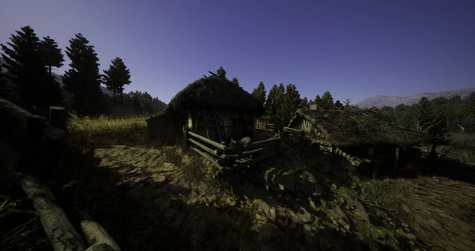 A tranquil village is set against a backdrop of towering mountains and tall trees, illuminated by the fading light of dusk. Rustic houses made of wood and thatch create a serene atmosphere.