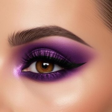 Artistic makeup tutorial in violet tones, feminine eye with intense shadows and professional finish, dramatic, elegant and creative look for beauty and fashion.