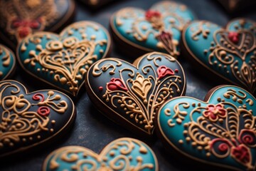 Heart shaped cookies decorated with intricate teal, gold, and red icing designs