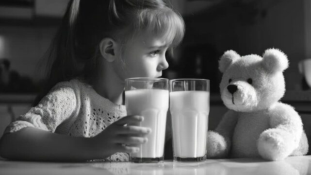 A young girl shares a quiet moment with her stuffed bear, both enjoying milkshakes from matching glasses.
