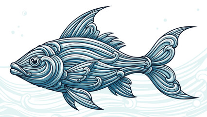 Fototapeta premium Beautifully stylized fish with intricate wave-like patterns covering its body swims gracefully in abstract water.