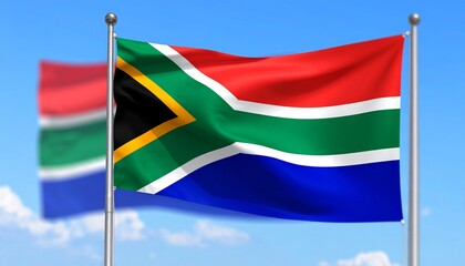 South African flags waving against blue sky with clouds.