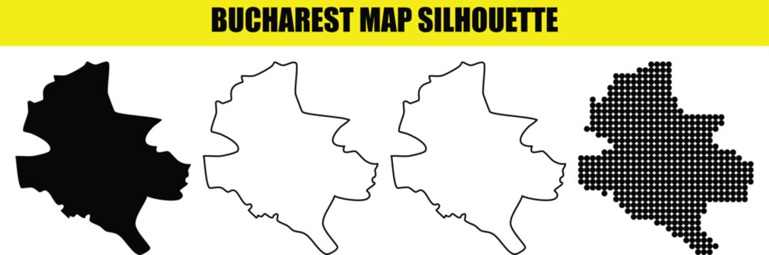 Bucharest map silhouette vector illustration set with solid black, white, outlined and dotted versions
