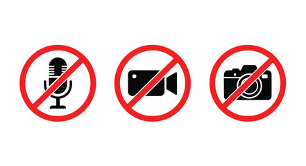 No photography or recording signs with microphone, video camera, and camera icons in red circles on white background.