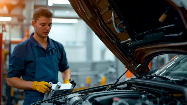 Mechanic in blue uniform gloves checking car engine open hood diagnostic tool garage workshop professional service