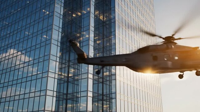 A medium wide shot of a heavy duty patrol helicopter flying rapidly past the tall glass facade of a generic modern skyscraper in the afternoon sun architecture, afternoon, security