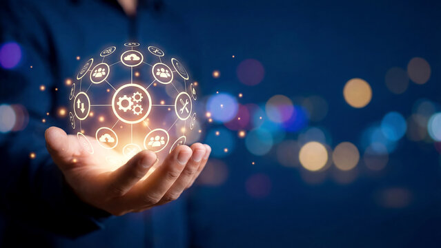 Digital Network Globe in Hand Illustrating Global Business Technology - Powered by Adobe