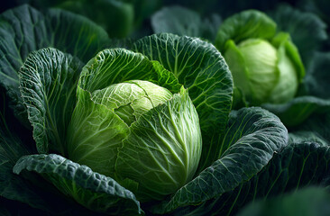 Obraz premium Whole green cabbage with smooth surface and tightly packed leaves. This fresh vegetable has crisp texture and light green color, perfect for healthy meals, cooking, and dietary needs.