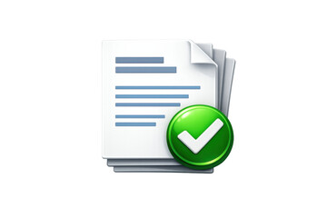 Document stack showing completion and success, checkmark badge indicating verified approval of file and task