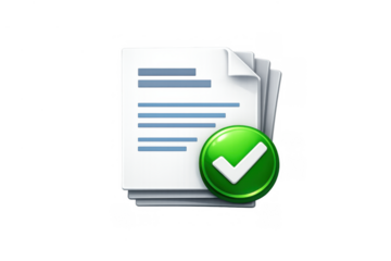 Document stack showing completion and success, checkmark badge indicating verified approval of file and task