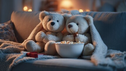 Plush teddy bears watching a movie together on a sofa, soft blankets, popcorn bowl, warm ambient lighting, cinematic cozy atmosphere, shallow depth