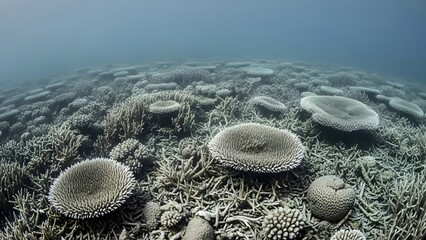 A wide underwater shot reveals an extensive, seemingly endless coral reef, severely affected by bleaching, exhibiting muted colors and a fragile ecosystem.