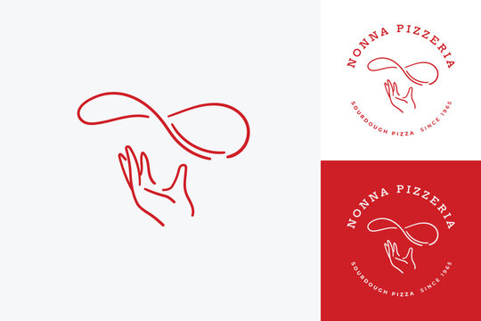 Nonna Pizzeria Logo, Hand-drawn logo of hand tossing pizza dough, with name and text guideline