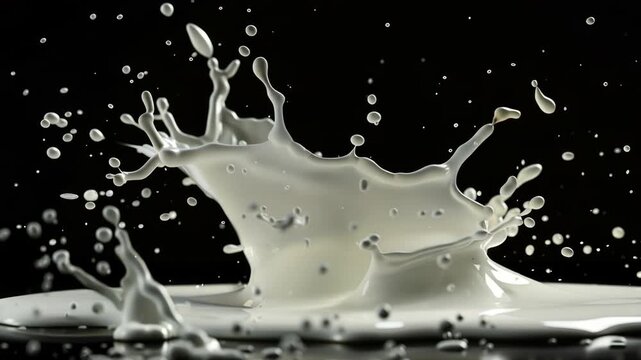 Splashing liquid. Milk splattering in motion. Close up of creamy white splattered milk.