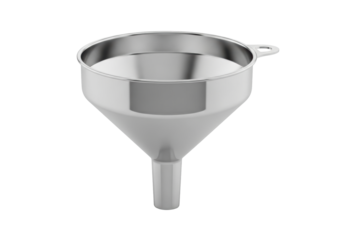 single industrial stainless steel funnel, mirror-polished and blemish-free, showing wide cone and narrow spout, isolated on a transparent background. concept of essential utility and pristine