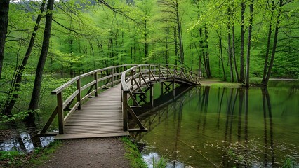 Fototapeta premium Serene wooden bridge in a lush forest with vibrant trees surrounding a calm lake