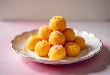 Delicious yellow laddoo sweets piled high on a decorative white plate isolated on white surface.