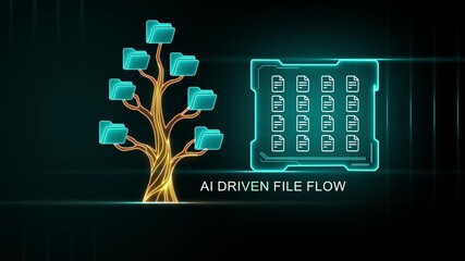 AI Driven File Flow Illustrated with Folder Tree and Data Matrix artificial intelligence information