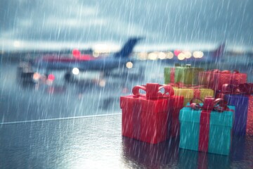 Colorful gifts sit on a table while rain falls at an airport during a stormy day