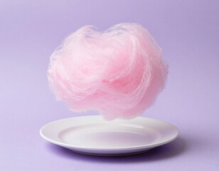 Delicate pink cotton candy floats gracefully above a pristine white plate against a soft lavender background, creating a whimsical and sweet visual delight perfect for confectionery themes