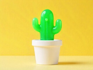 A delightful green decorative cactus in a simple white pot stands out against a vivid yellow background, embodying modern simplicity and a touch of desert charm